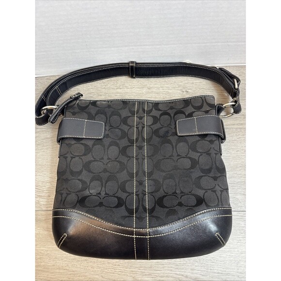Coach Handbags - Coach Black Signature Shoulder Bag Logo Leather Straps & Bottom Adjustable Strap